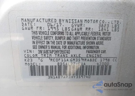2017 Nissan Sentra Sv from USA, damaged, VIN 3N1AB7AP3HY359740